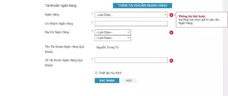 Cập nhật thông tin tài khoản ngân hàng w88