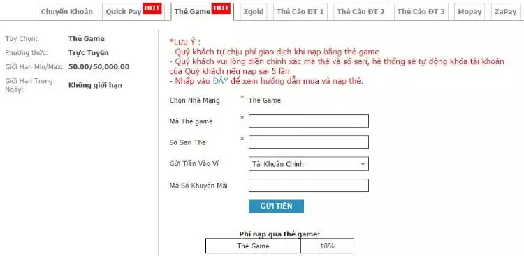 Nạp bằng thẻ game